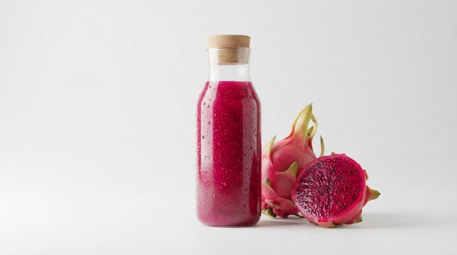 Vibrant dragon fruit drink in glass bottle with fresh fruit slices