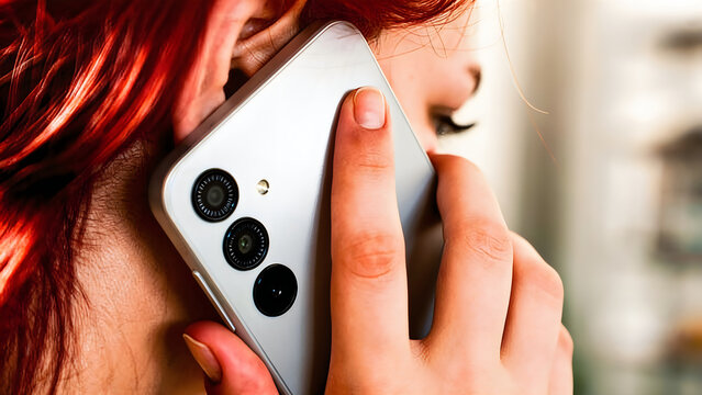 Woman with red hair talking on silver smartphone against her ear during private mobile conversation.