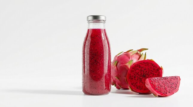 Vibrant dragon fruit juice in glass bottle with fresh fruit slices