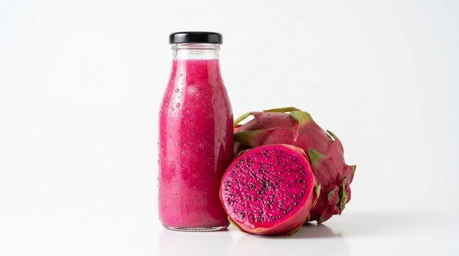 Vibrant pink dragon fruit juice in bottle with fresh fruit