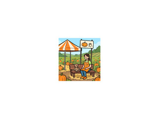 Fototapeta premium Cheerful Female Vendor In An Orange Apron Sitting On A Wooden Bench, Holding A Teddy Bear, Surrounded By Pumpkins At An Autumn Farm Stand, Festive And Welcoming Vector Illustration