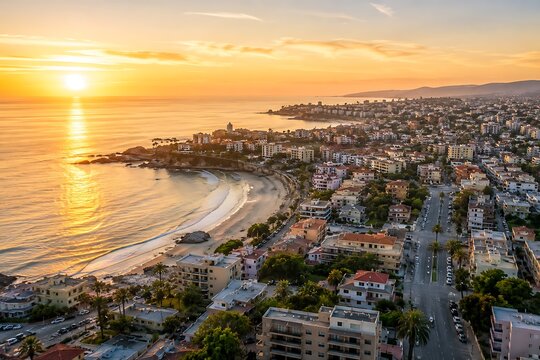 A breathtaking aerial view of a coastal city bathed in the warm glow of a sunset. The ocean meets the shore, with waves gently lapping at the beach, and the cityscape stretches inland.
