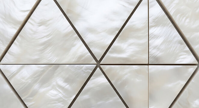 Luxurious Mother of Pearl Nacre Triangle Geometric Mosaic Tile Texture with Shimmering White Iridescent Surface and Modern Architectural Design