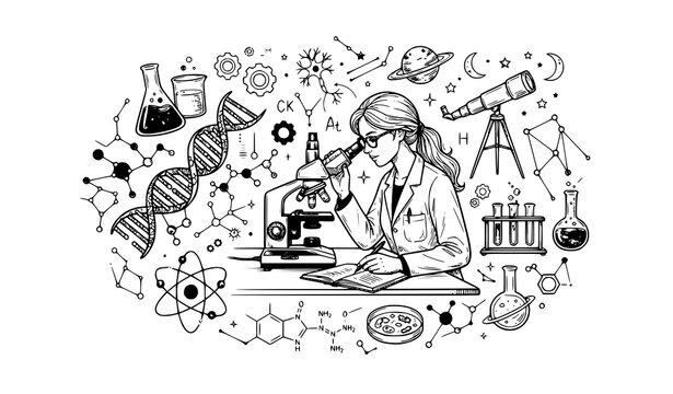 ​Female scientist working with microscope vector doodle illustration with science and chemistry elements