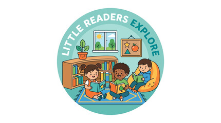 Fototapeta premium Little Readers Explore: Diverse Happy Children Reading Books Together in a Cute Classroom Library