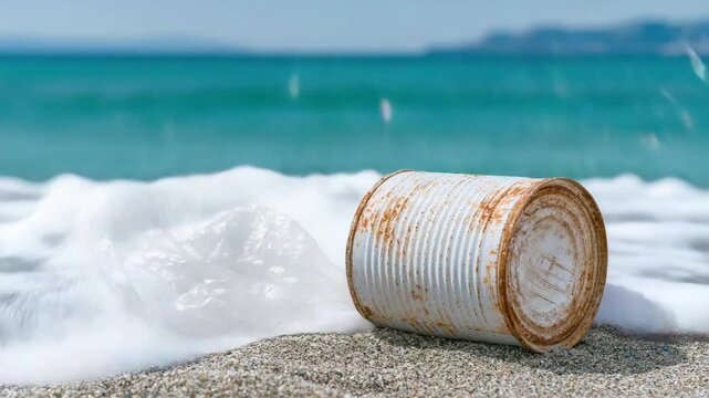Tracking shot of rusted tin can and plastic bag being washed by incoming wave on pebbled beach with turquoise sea background