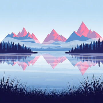 A serene flat vector landscape featuring a majestic mountain range and a calm lake with a clear reflection in this artistic illustration