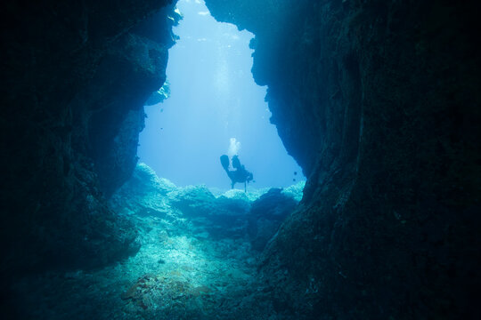 Diver exiting an enclosure near Hawaii