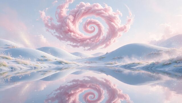 Surreal Pink Cloud Spiral Over Reflective Dreamscape Landscape.
