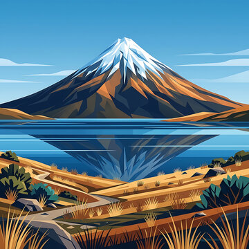 Snow Serene mountain reflection on a calm blue lake in a beautiful flat vector illustration landscape with a scenic path