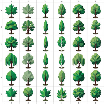 A diverse tree collection featuring various lowpoly and geometric green plant icons organized in a grid for ecological graphic design projects