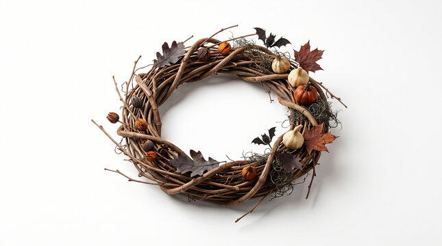 Handcrafted Rustic Halloween Twig Wreath with Mini Pumpkins, Bats, and Autumn Leaves Isolated on White