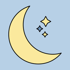 Hand drawn yellow crescent moon with shining stars vector illustration doodle icon © Faatih