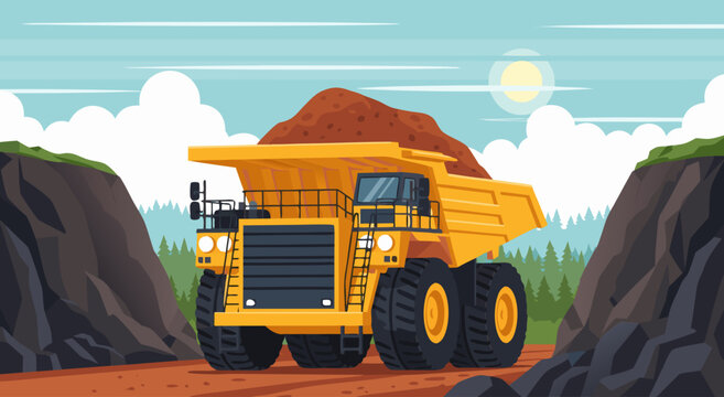 Hauling soil, giant yellow mining dump truck on a quarry dirt road, flat vector illustration, sunny outdoor environment, front angle view.