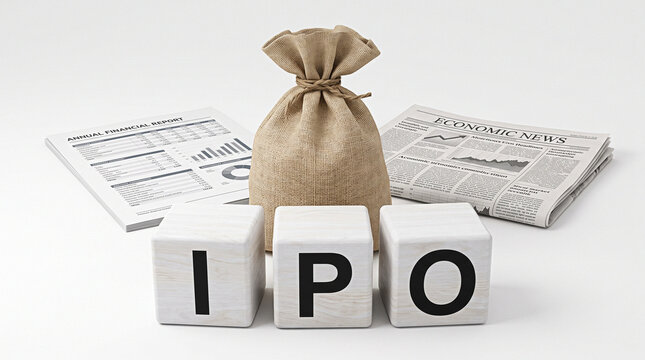 Initial Public Offering (IPO) Financial Concept with Wooden Cubes, Money Bag, and Economic News Reports