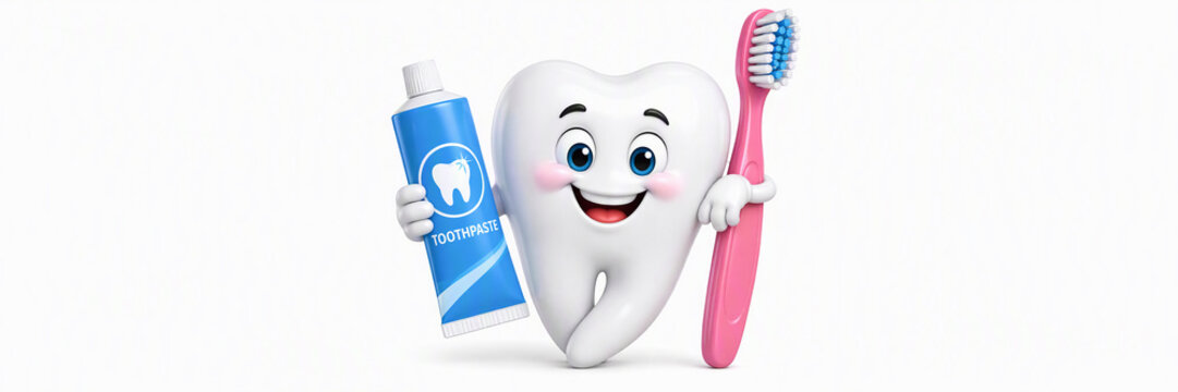 Happy cartoon tooth holding toothpaste tube and pink toothbrush