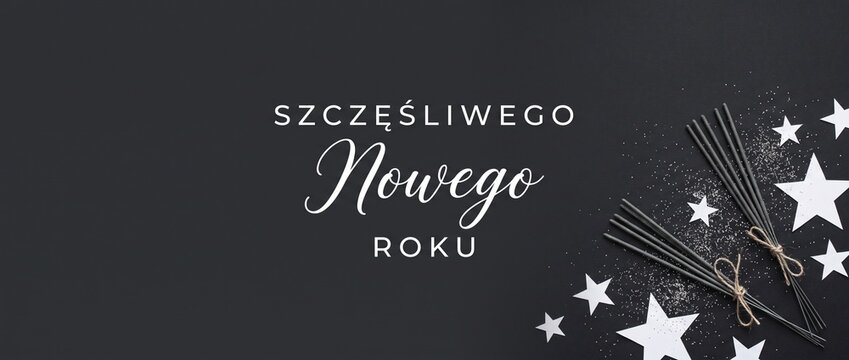 Polish Happy New Year Banner with Szczęśliwego Nowego Roku text, sparklers, and star decorations on black background for festive holiday greeting card, party invitation, and dark web header layout.