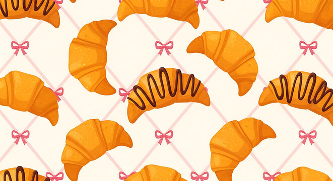 Seamless background Seamless croissant pattern with delicious chocolate drizzle and cute pink bows on a cream grid background perfect for french