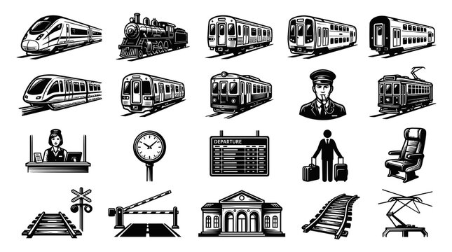 Monochrome Line Art Vector Set: Railway Transportation, Trains, Station, Tracks  Travel Elements