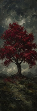Majestic red tree standing alone in dramatic moody landscape