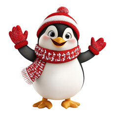 Fototapeta premium Cute cartoon penguin wearing a festive red winter hat and scarf standing smiling