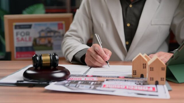 Professional person sitting in office desk signing real estate contract document beside miniature house model judge gavel property auction legal agreement corporate transaction finance investment.