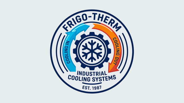 Industrial Cooling Systems Badge Design with Snowflake and Gear Icon for HVAC Refrigeration Service