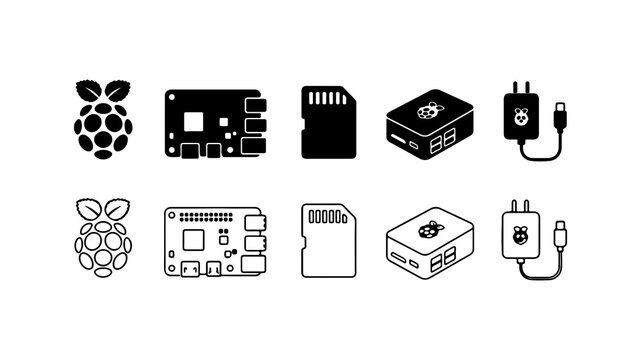 Raspberry Pi Single Board Computer Icon Set in Silhouette and Line Art
