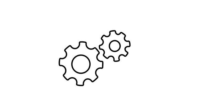 The video displays a 2D line-art animation featuring two interlocked gear icons set against a plain white background.