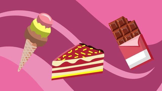 Animated video of a chocolate bar, a slice of pie and an ice cream cone moving, food, art, 2D.