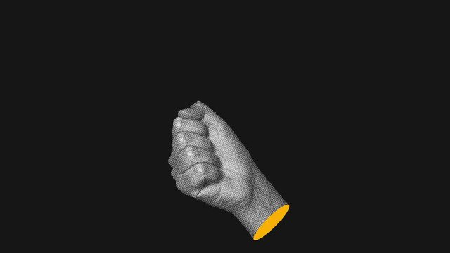 Hand tossing a spinning dollar coin and catching it in a fist on black background, halftone pop art stop motion animation, finance success concept.