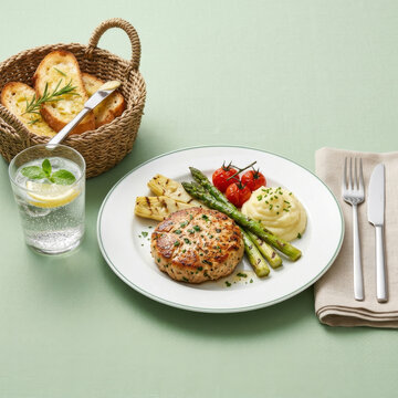 Grilled tuna burger served with asparagus, hearts of palm, grilled cherry tomatoes, and mashed potatoes.