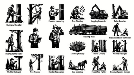 Fototapeta premium Forestry, Logging, and Forest Management Professions: Workers, Equipment, and Activities Black White Vector Illustration