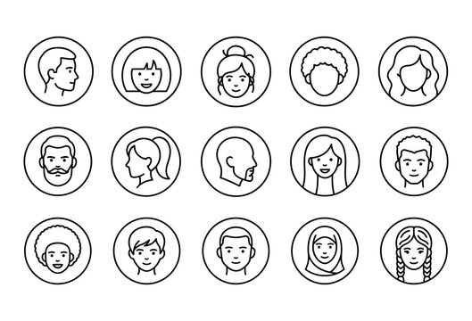 Set of diverse human face avatars in oval frames showing various hairstyles and expressions for user profiles