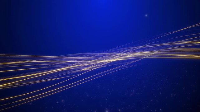 Golden light streaks flow across a deep blue textured background with subtle particles