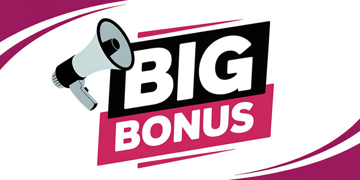 Bold announcing a big bonus with a megaphone and magenta accents on a white background 