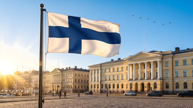 Finnish flag waving at Senate Square in Helsinki celebrating Finland independence day