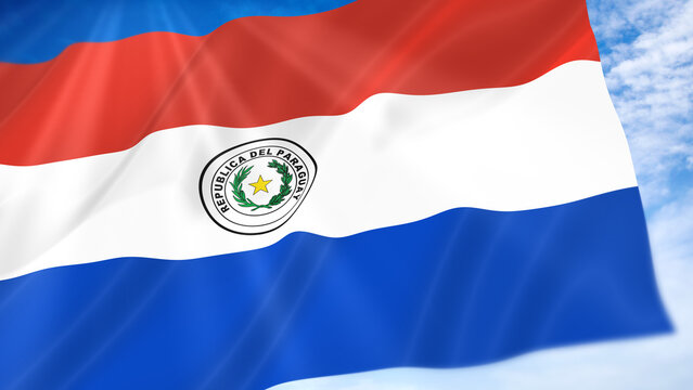 Paraguay Waving Flag on Blue Sky Background