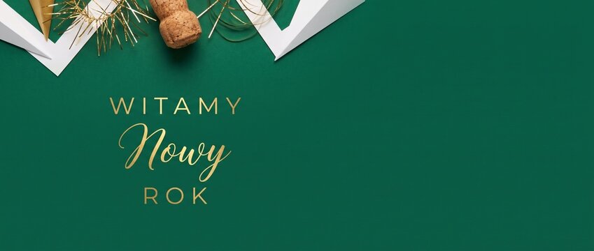 New Year Polish text background with champagne cork, gold tinsel, elegant party decorations on dark green backdrop with copy space for holiday banner and celebration greeting card. Witamy Nowy Rok.
