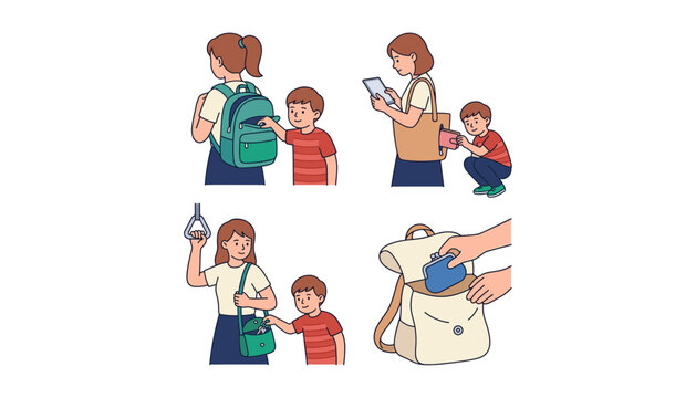  Pickpocketing and Theft Awareness Cartoon Vector Set with Child Thief Stealing Wallets and Belongings from Unsuspecting People Bags for Public Safety Education.
