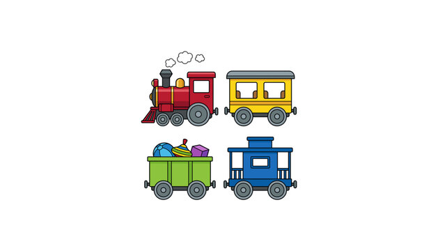 Cartoon Toy Train Vector Set with Locomotive, Passenger Car, Caboose, and Goods Wagon Full of Toys for Children Graphic Designs