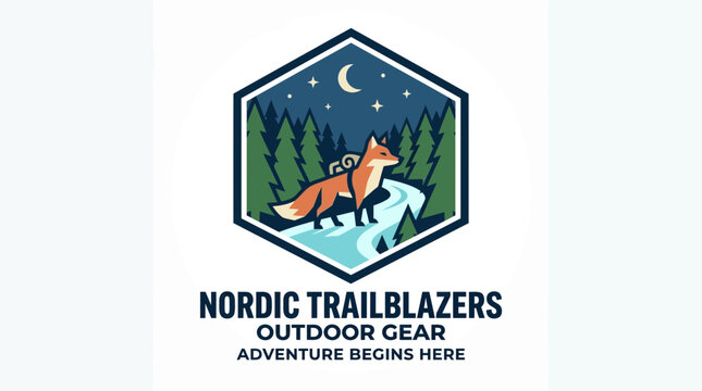 Nordic Trailblazers Winter Fox Vector Logo Design with Pine Forest and Moon for Outdoor Gear Brand