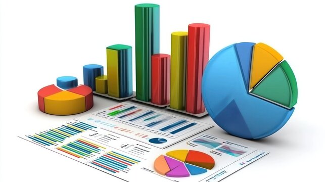 Data graphic with bar charts, pie charts, and infographics showing business statistics.