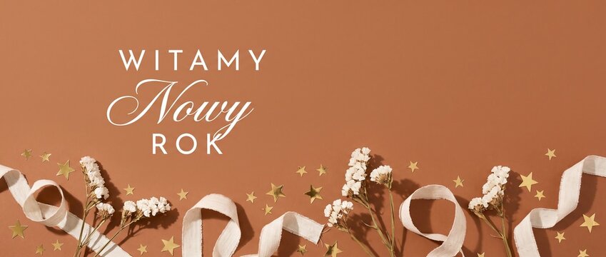 Polish Happy New Year banner background featuring Witamy Nowy Rok text with dried white flowers, gold star confetti, and beige ribbon flat lay arrangement for elegant holiday celebration greeting.