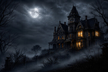 Obraz premium Halloween Haunted Gothic Mansion with Full Moon, Fog and Glowing Windows at Night