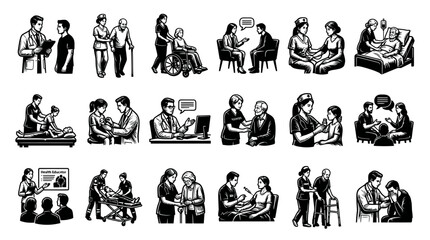 Fototapeta premium Medical Healthcare Professionals Patients Black White Line Art Illustrations. Patient Care Services Vector Set.