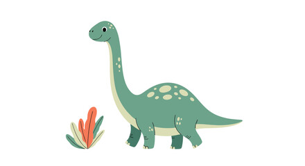 Fototapeta premium Cute cartoon brachiosaurus dinosaur standing next to a small colorful plant in a flat vector illustration style.