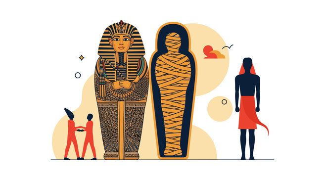 Historical ancient Egyptian funeral scene illustration with pharaoh sarcophagus, mummy, and silhouette figures.