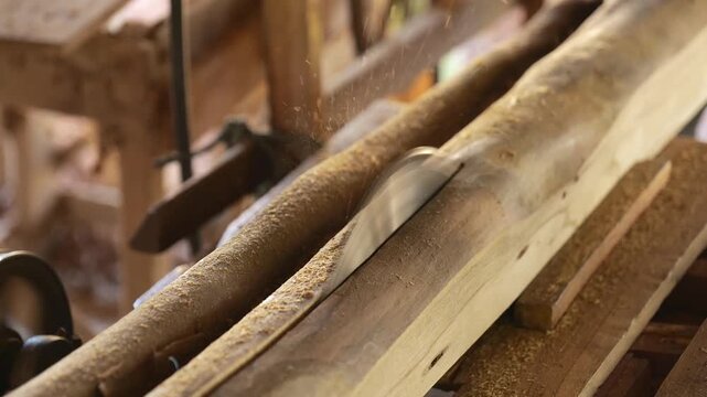 Bandsaw blade cutting fresh timber log at traditional sawmill workshop	