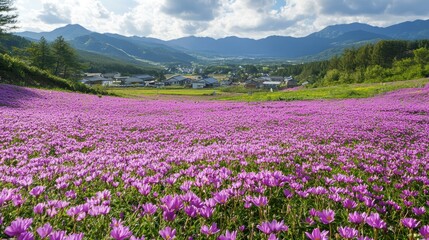 Fototapeta premium Field of purple flowers blooming together, creating a stunning view.
